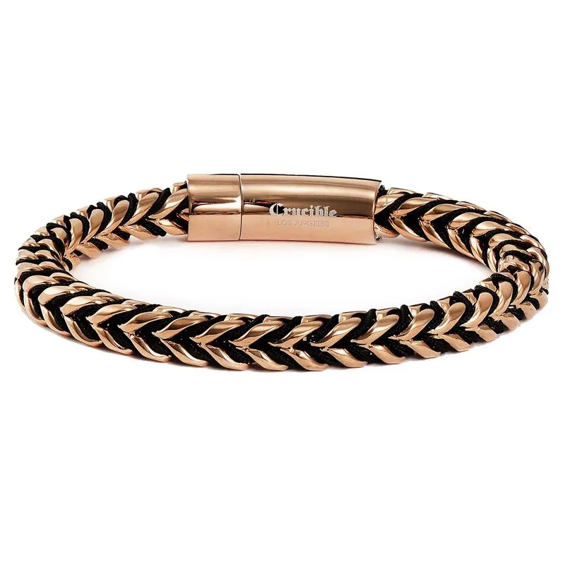 Crucible Los Angeles Rose Gold Polished 8mm Stainless Steel Franco Chain Bracelet with Black Nylon Cord - 8"