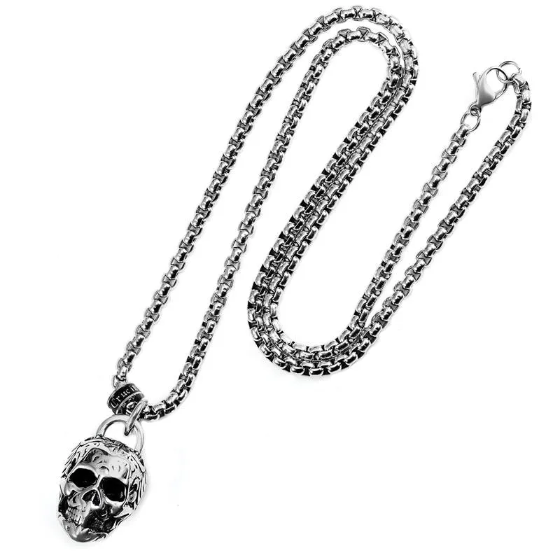 Crucible Los Angeles Stainless Steel 25mm Skull Necklace on 24 Inch 4mm Box Chain