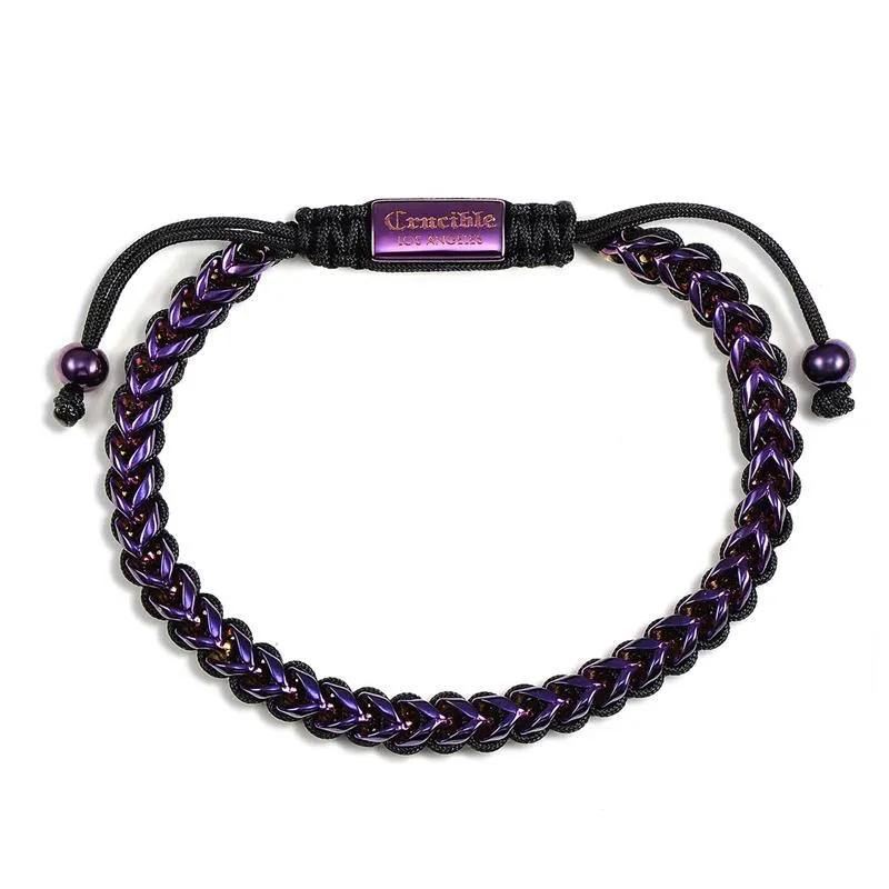 Crucible Los Angeles Stainless Steel 6mm Franco Chain Bracelet with Woven Black Cord on Shocker Tie