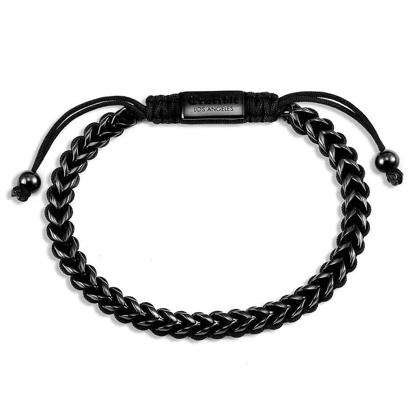 Crucible Los Angeles Stainless Steel 6mm Franco Chain Bracelet with Woven Black Cord on Shocker Tie