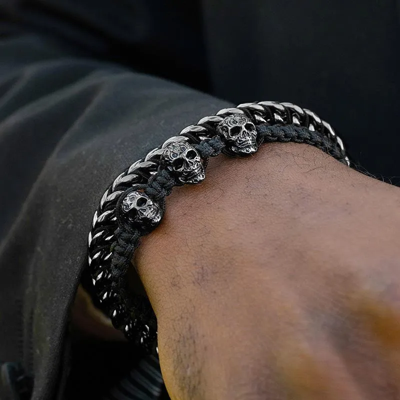 Crucible Los Angeles Three Black IP Skulls on Shocker Tie Woven Bracelet