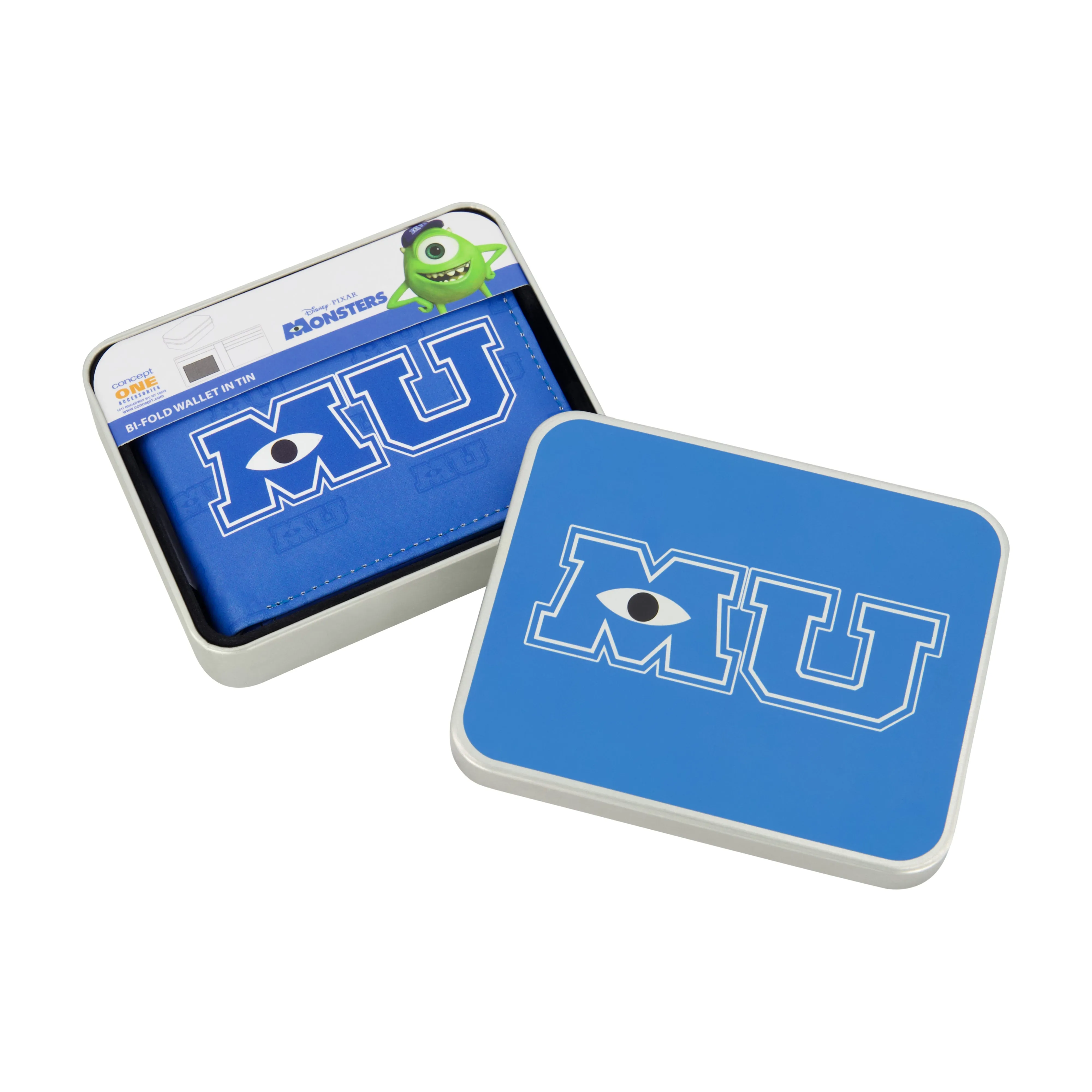 Disney Pixar MONSTERS MU LOGO AOP Bifold Wallet, Slim Wallet with Decorative Tin for Men and Women