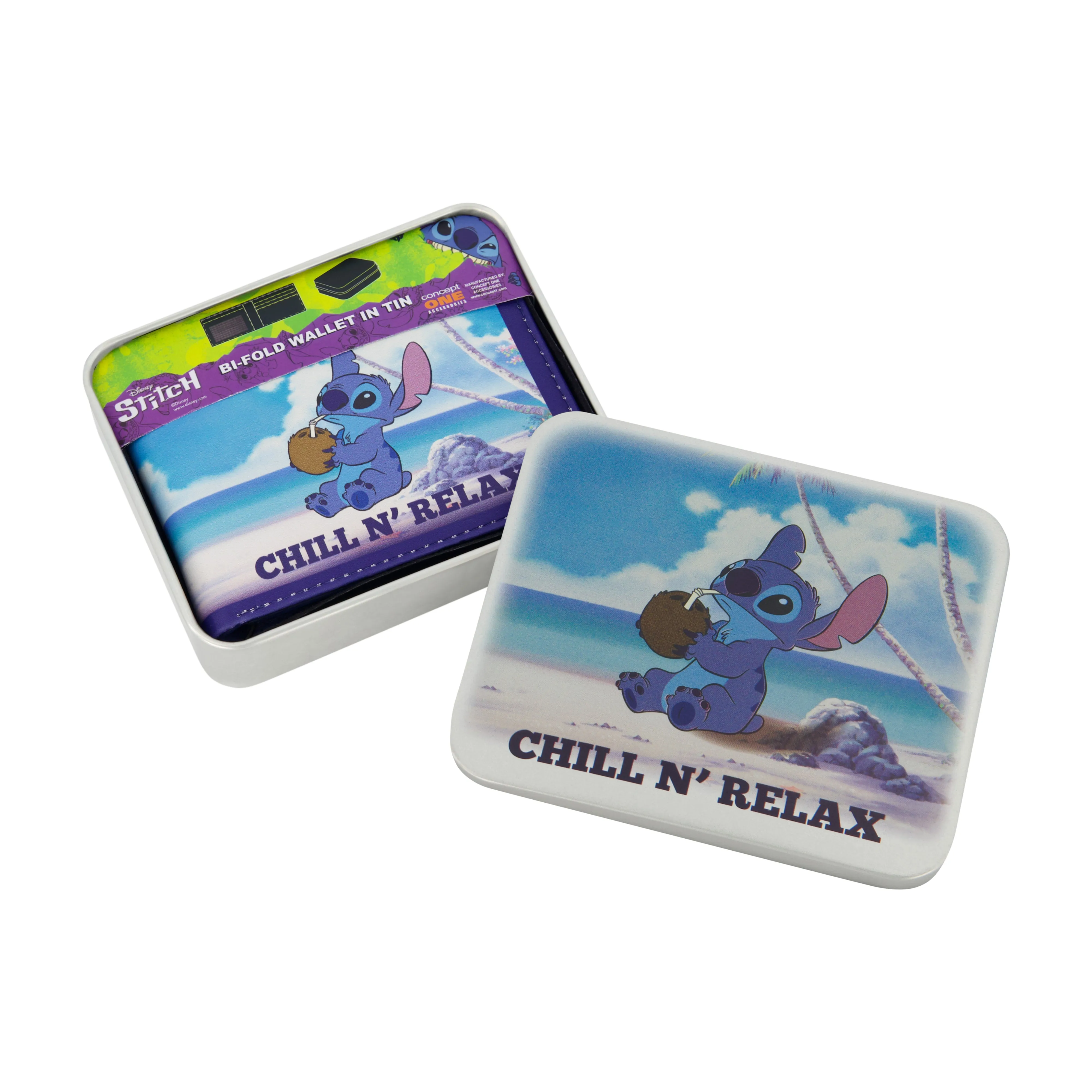 Disney STITCH CHILL N RELAX PRINT Bifold Wallet, Slim Wallet with Decorative Tin for Men and Women