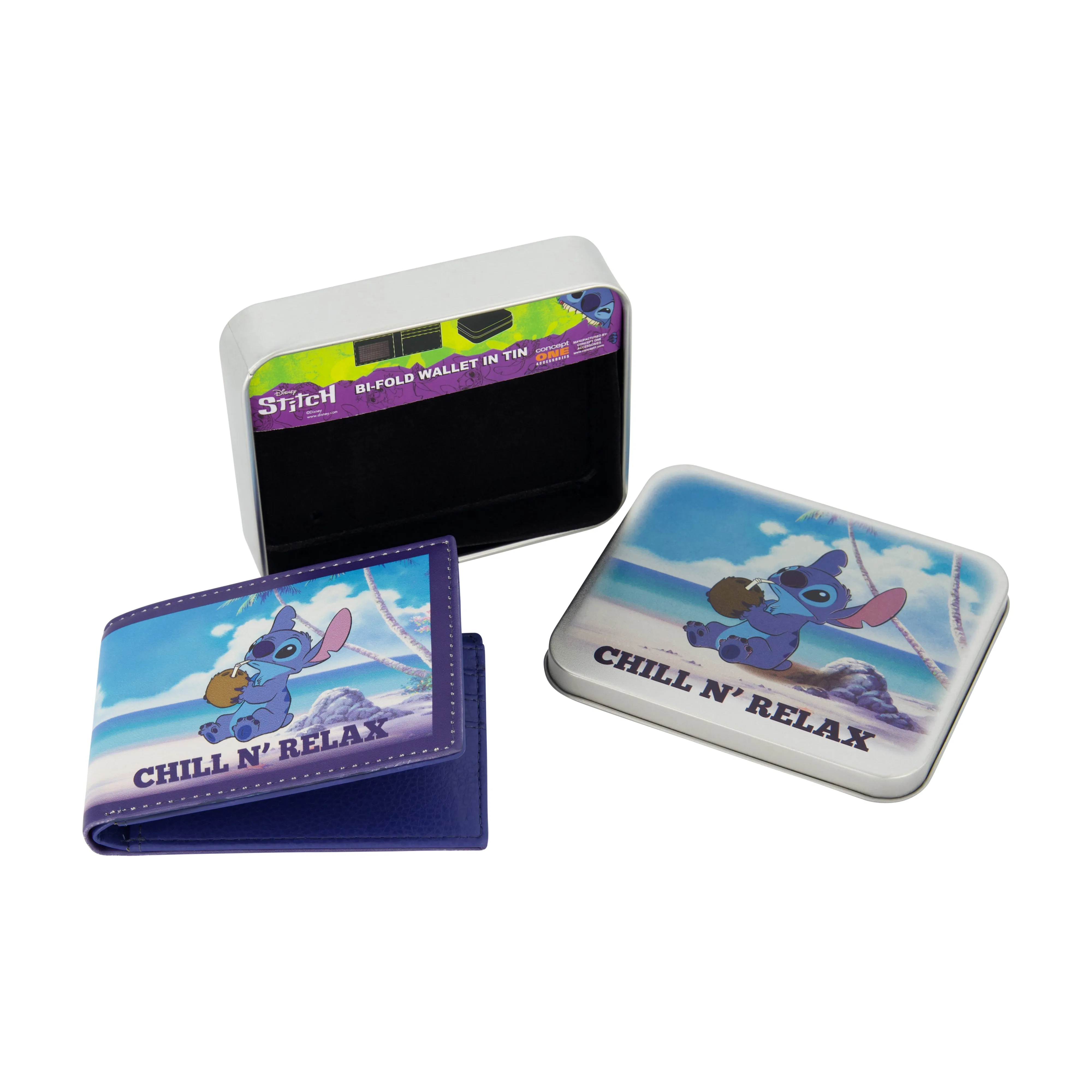 Disney STITCH CHILL N RELAX PRINT Bifold Wallet, Slim Wallet with Decorative Tin for Men and Women