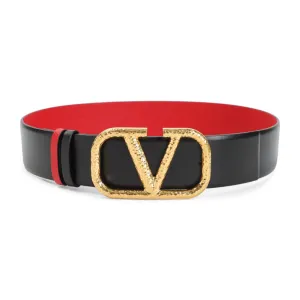 Hammered Gold Buckle Black Leather Belt