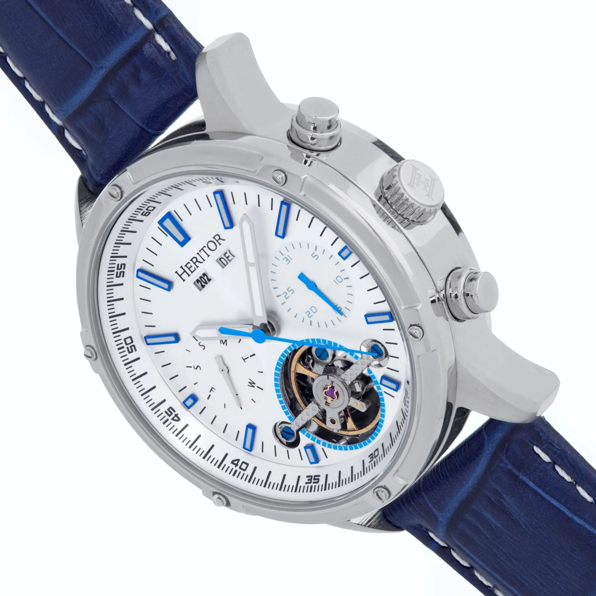 Heritor Automatic Wilhelm Semi-Skeleton Leather-Band Watch w/Day/Date - Black/Silver