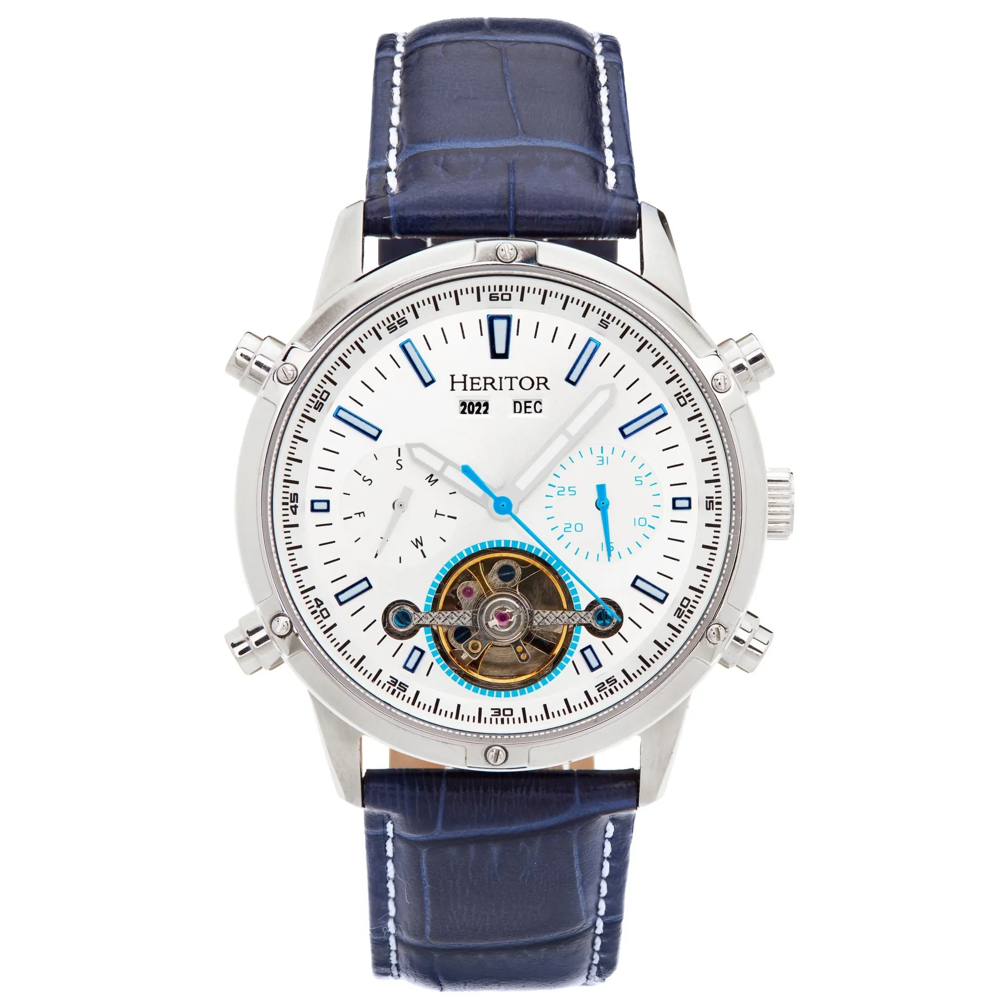 Heritor Automatic Wilhelm Semi-Skeleton Leather-Band Watch w/Day/Date - Black/Silver