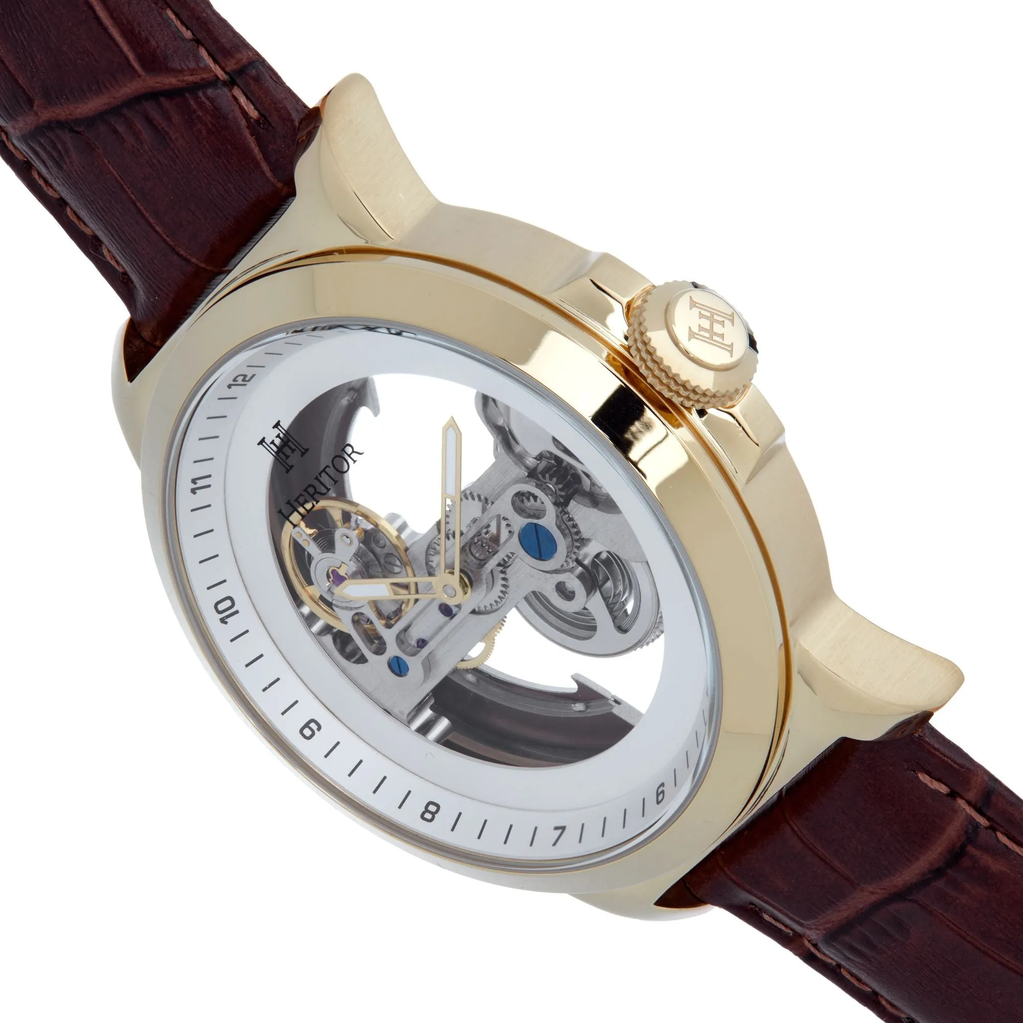 Heritor Automatic Xander Semi-Skeleton Leather-Band Watch - Gold/Brown