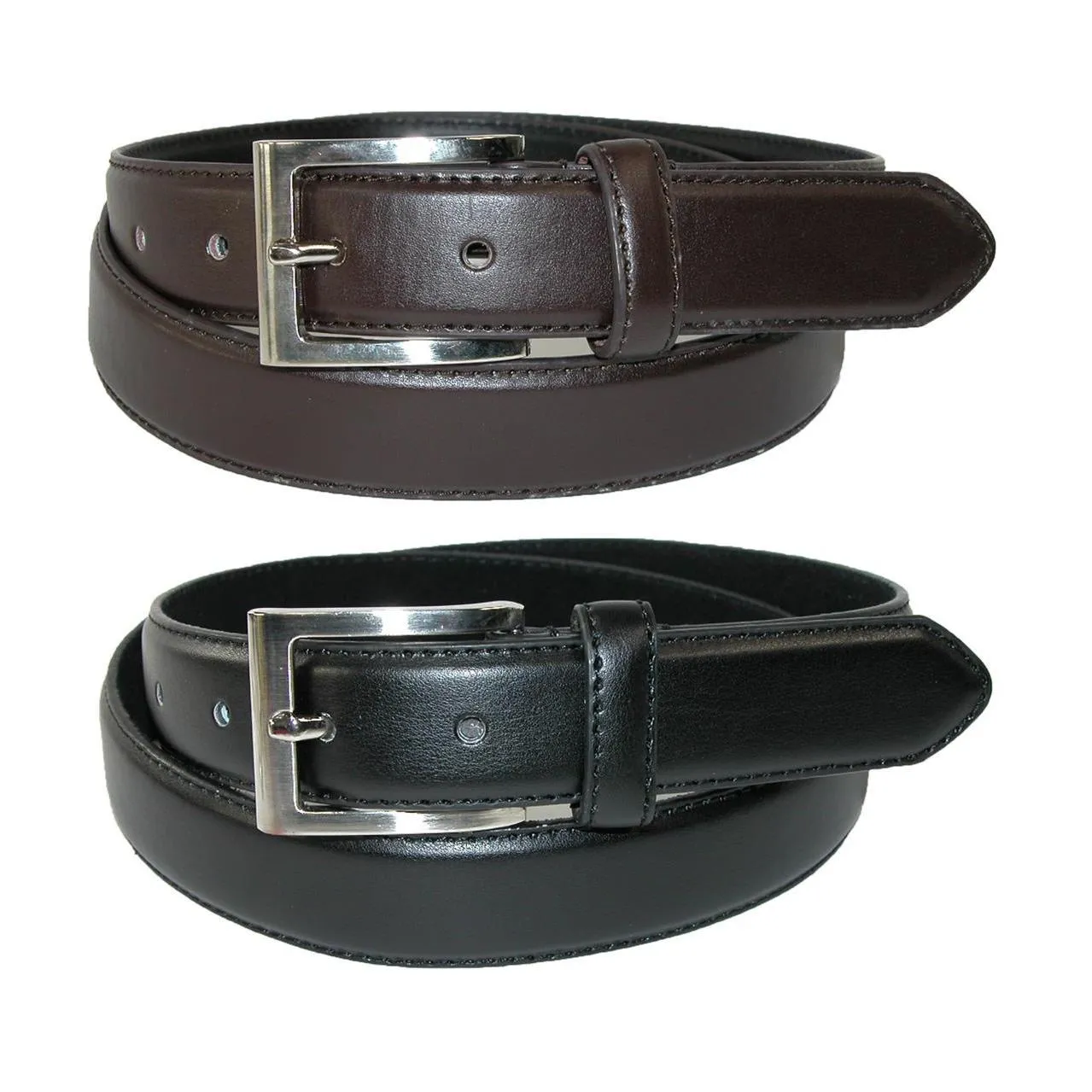 Men's Leather Basic Dress Belt with Silver Buckle (Pack of 2 Colors)