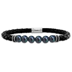 Mimi & Max 7.5-8mm Men's Black Cultured Freshwater Pearl Braided Black Leather Bracelet with Diamond Accents - 9 in.