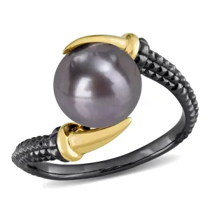 Mimi & Max 9.5-10mm Black Cultured Freshwater Pearl on Two-Tone Crossover Ring in Yellow and Black Rhodium Plated Sterling Silver