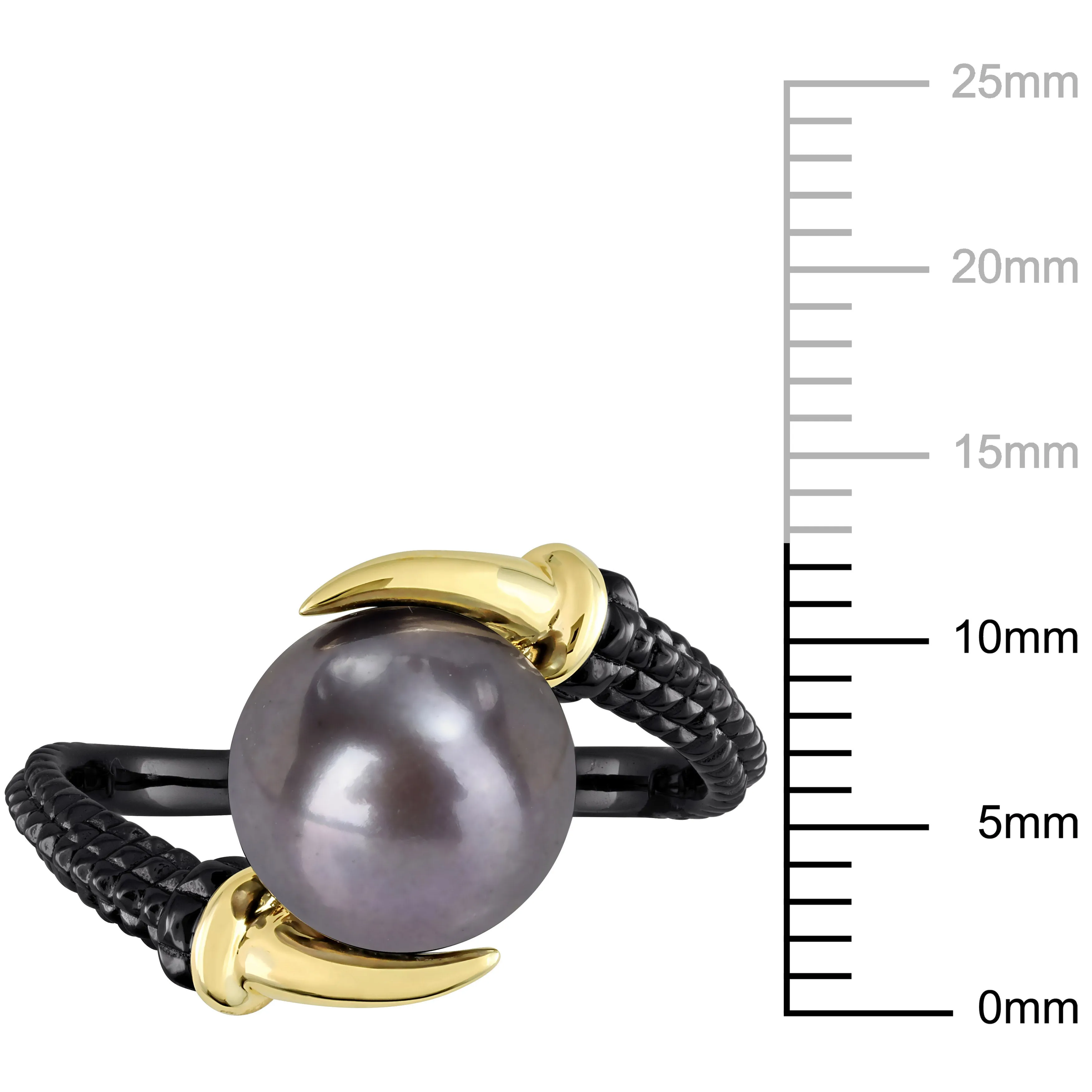 Mimi & Max 9.5-10mm Black Cultured Freshwater Pearl on Two-Tone Crossover Ring in Yellow and Black Rhodium Plated Sterling Silver