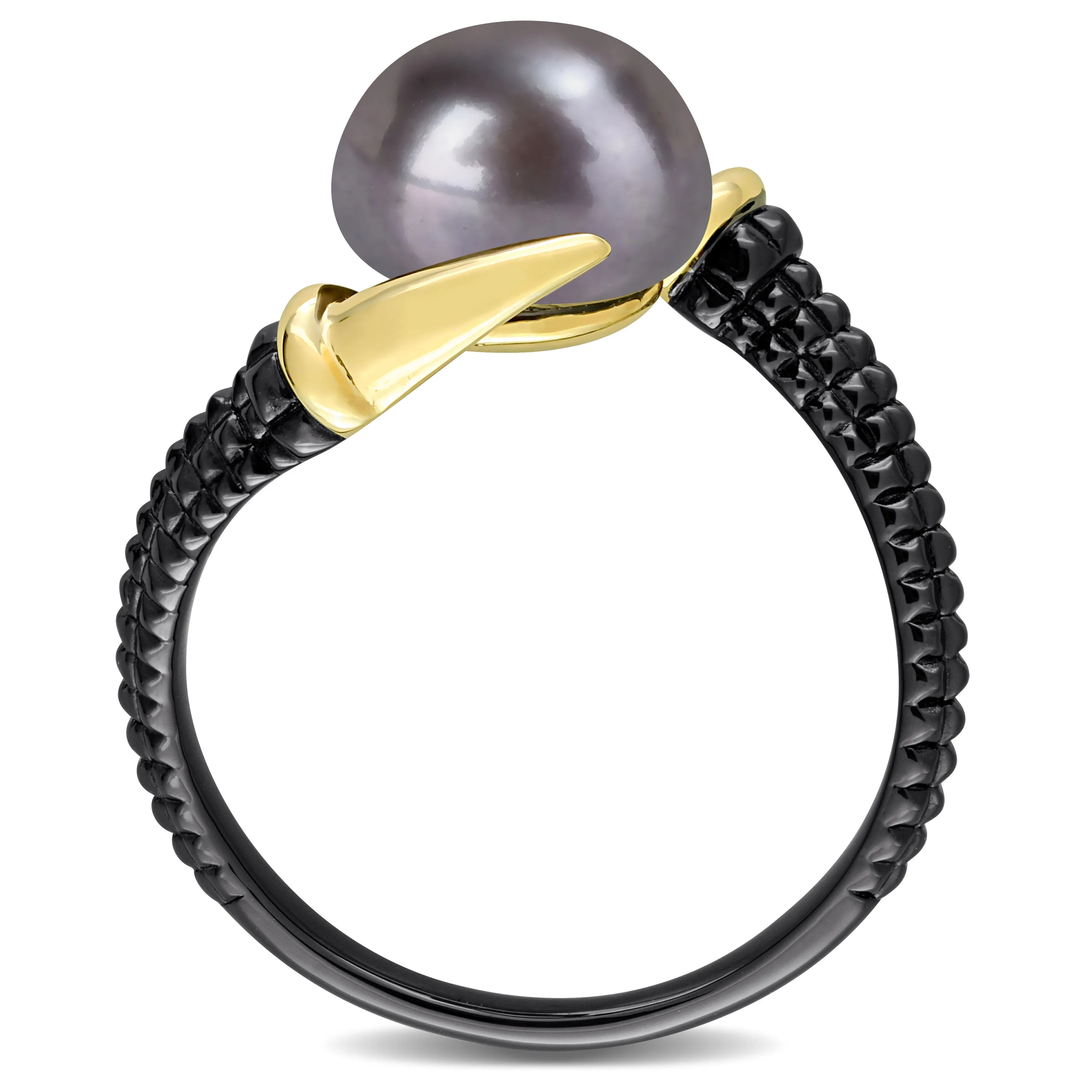 Mimi & Max 9.5-10mm Black Cultured Freshwater Pearl on Two-Tone Crossover Ring in Yellow and Black Rhodium Plated Sterling Silver