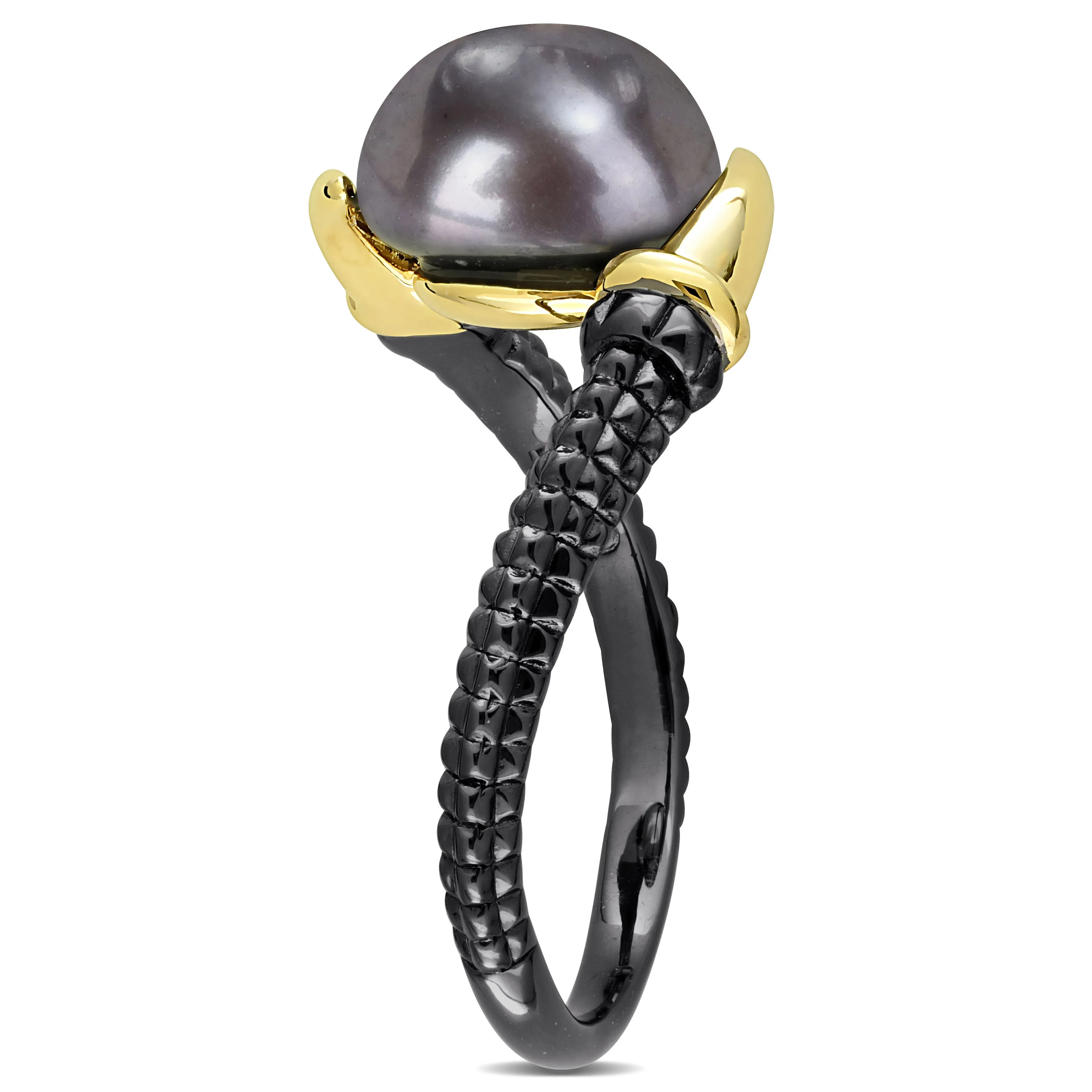 Mimi & Max 9.5-10mm Black Cultured Freshwater Pearl on Two-Tone Crossover Ring in Yellow and Black Rhodium Plated Sterling Silver