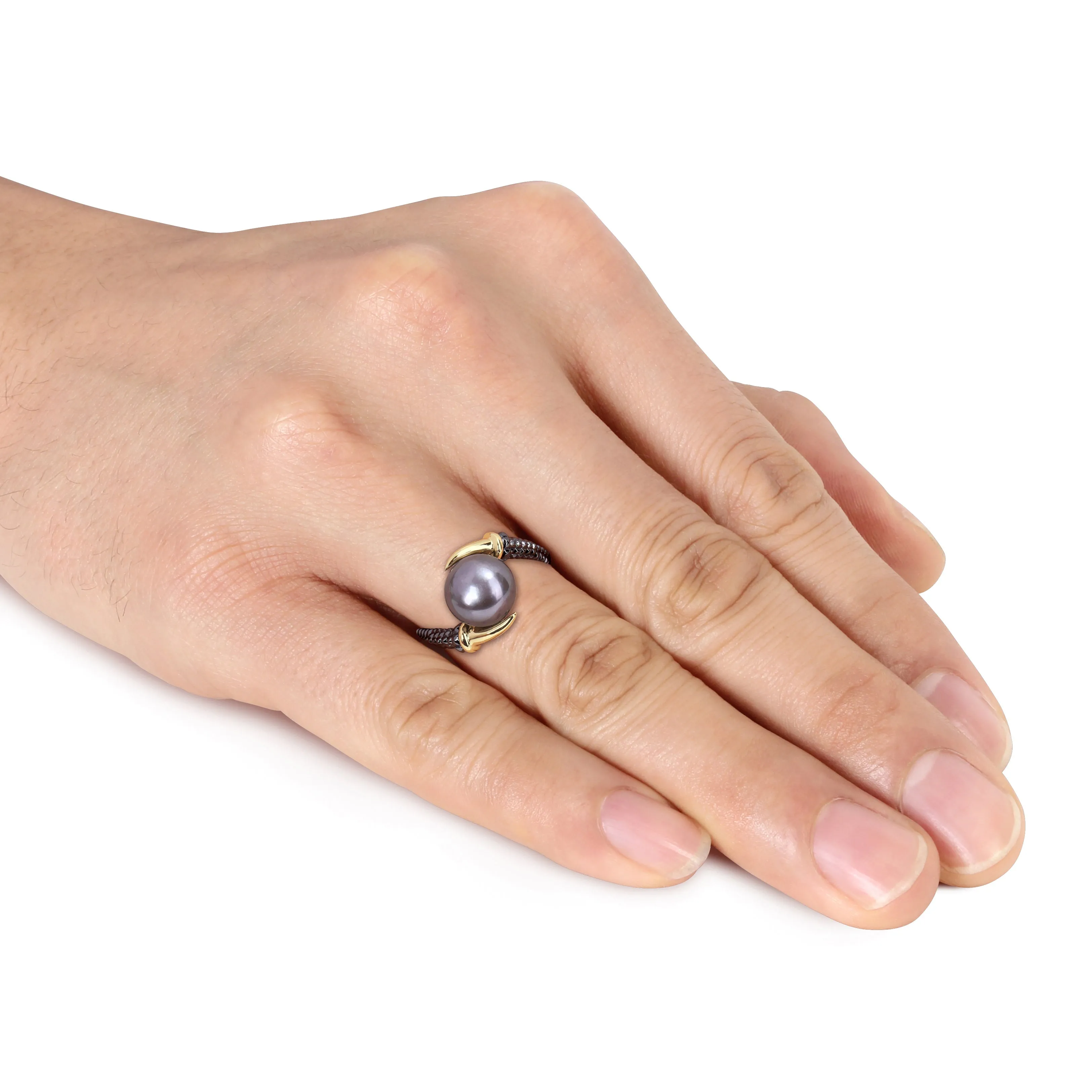 Mimi & Max 9.5-10mm Black Cultured Freshwater Pearl on Two-Tone Crossover Ring in Yellow and Black Rhodium Plated Sterling Silver