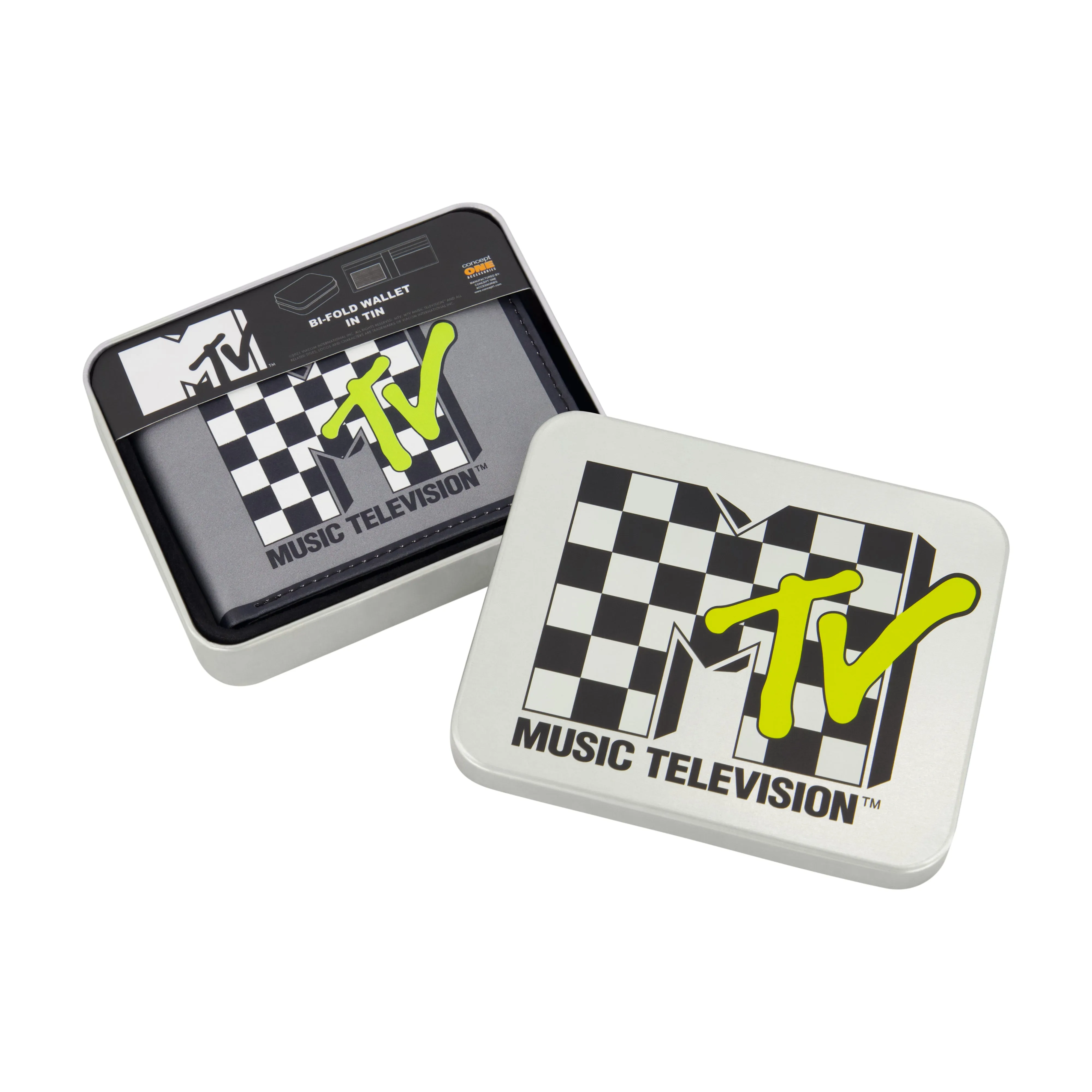 MTV LOGO WITH CHECKERBOARD PATTERN Bifold Wallet, Slim Wallet with Decorative Tin for Men and Women