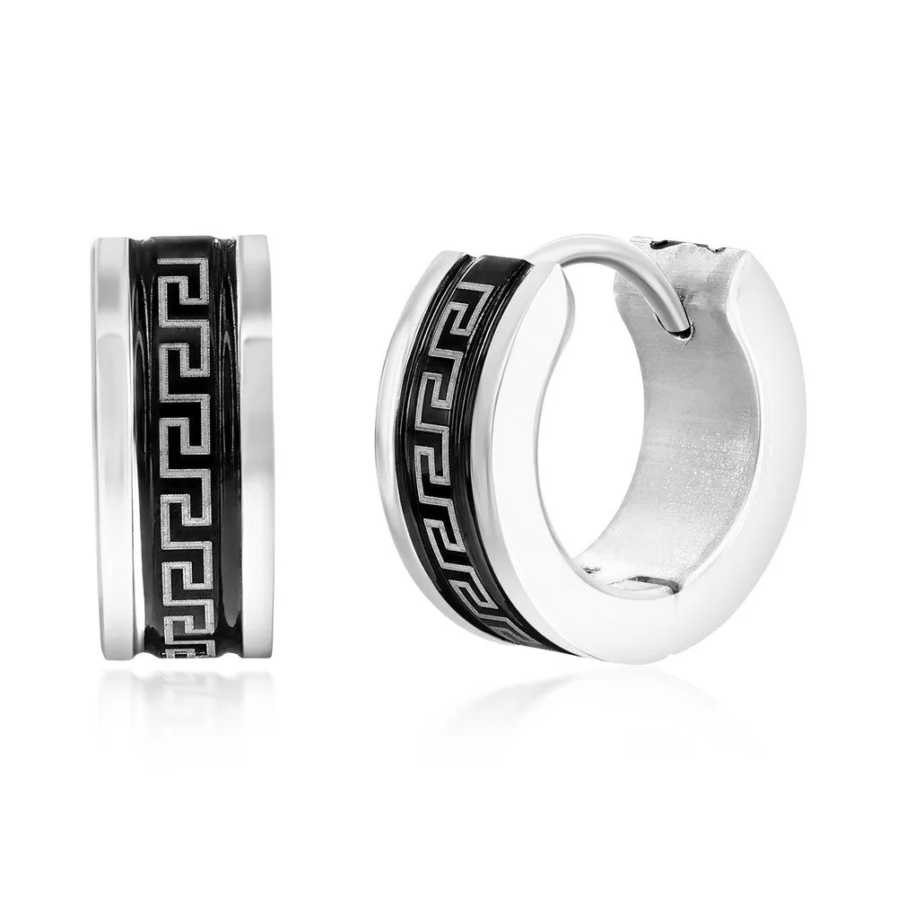Stainless Steel 13mm Greek Key Hoop Earrings - Black & Gold