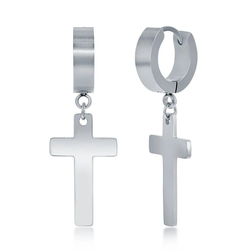 Stainless Steel Cross Charm Polished Huggie Hoop Earrings
