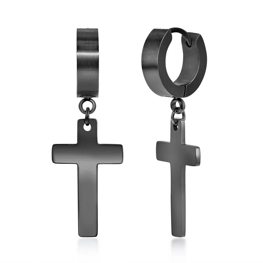 Stainless Steel Cross Charm Polished Huggie Hoop Earrings