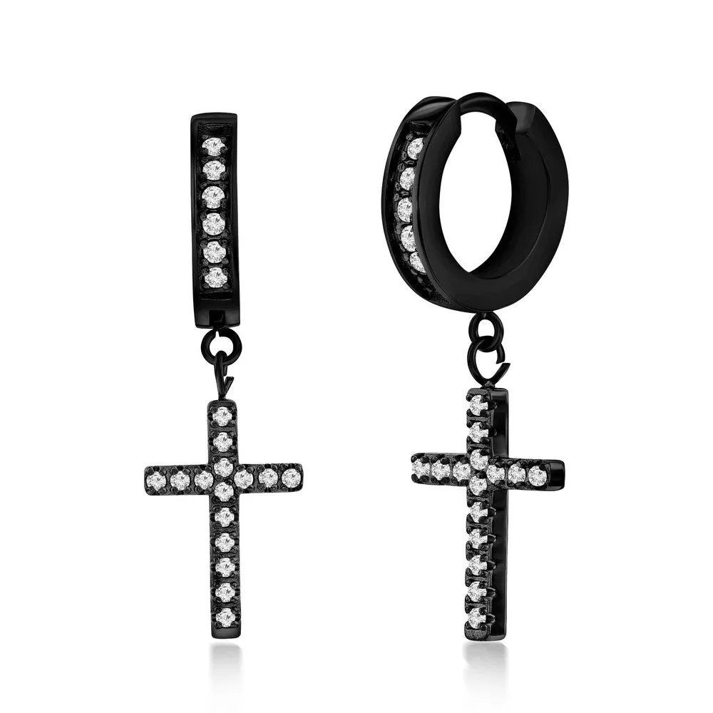 Stainless Steel Cross CZ Charm Huggie Hoop Earrings