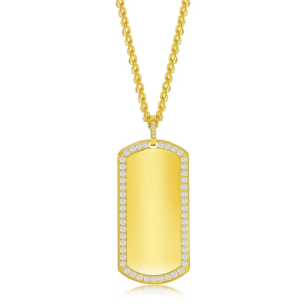 Stainless Steel CZ Dog Tag ID Necklace - Gold Plated
