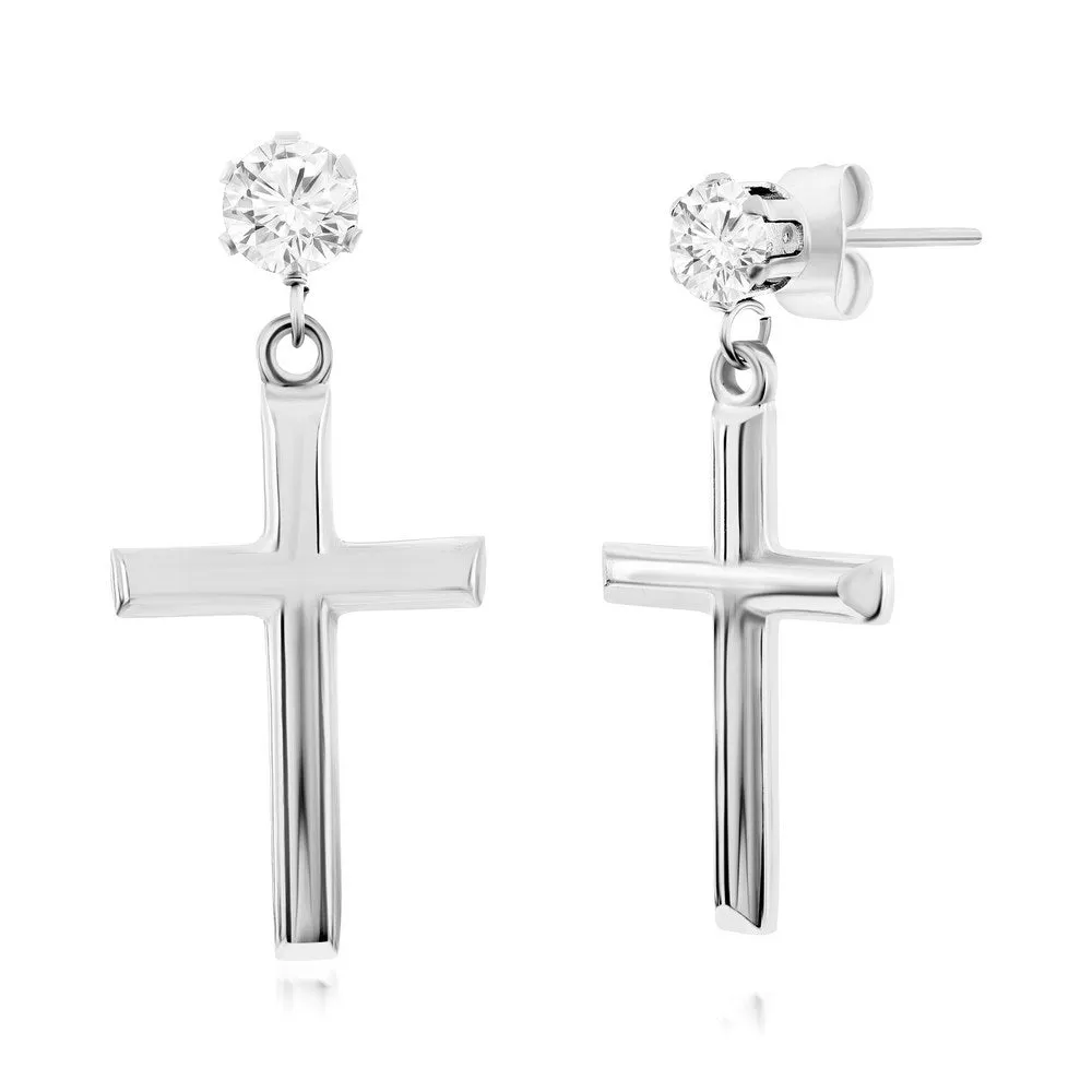 Stainless Steel Polished Cross & CZ Earrings - Black Plated