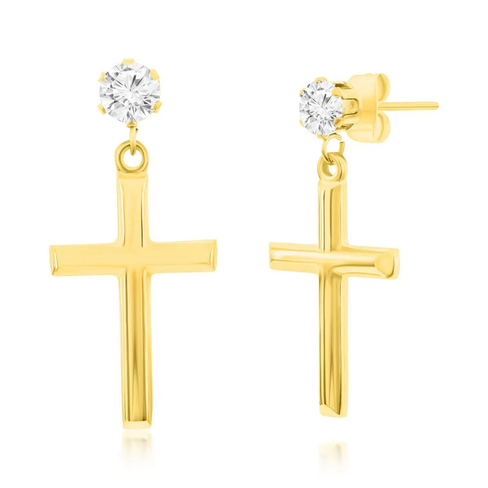 Stainless Steel Polished Cross & CZ Earrings - Black Plated