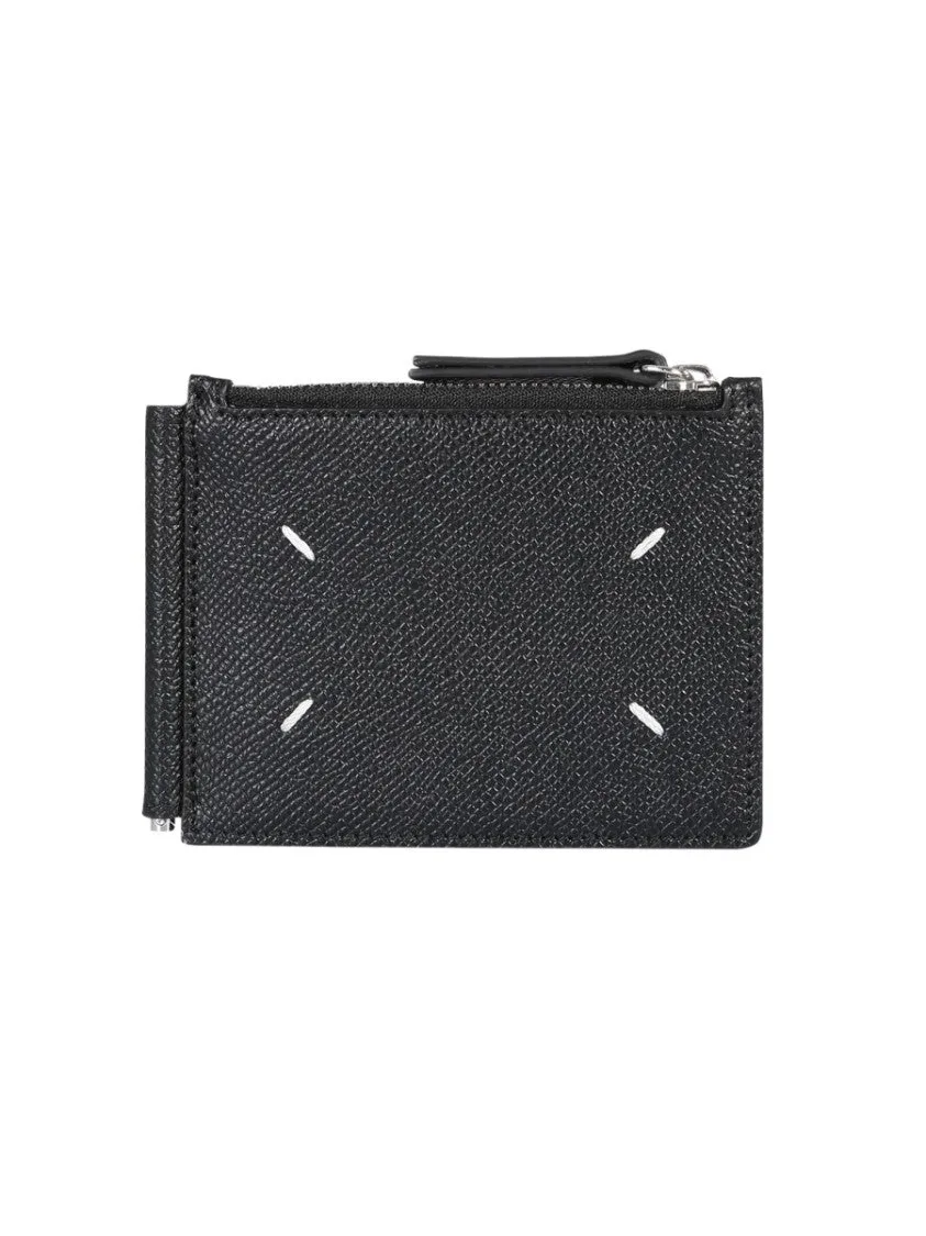 Textured Black Leather Wallet With Zipper Closure