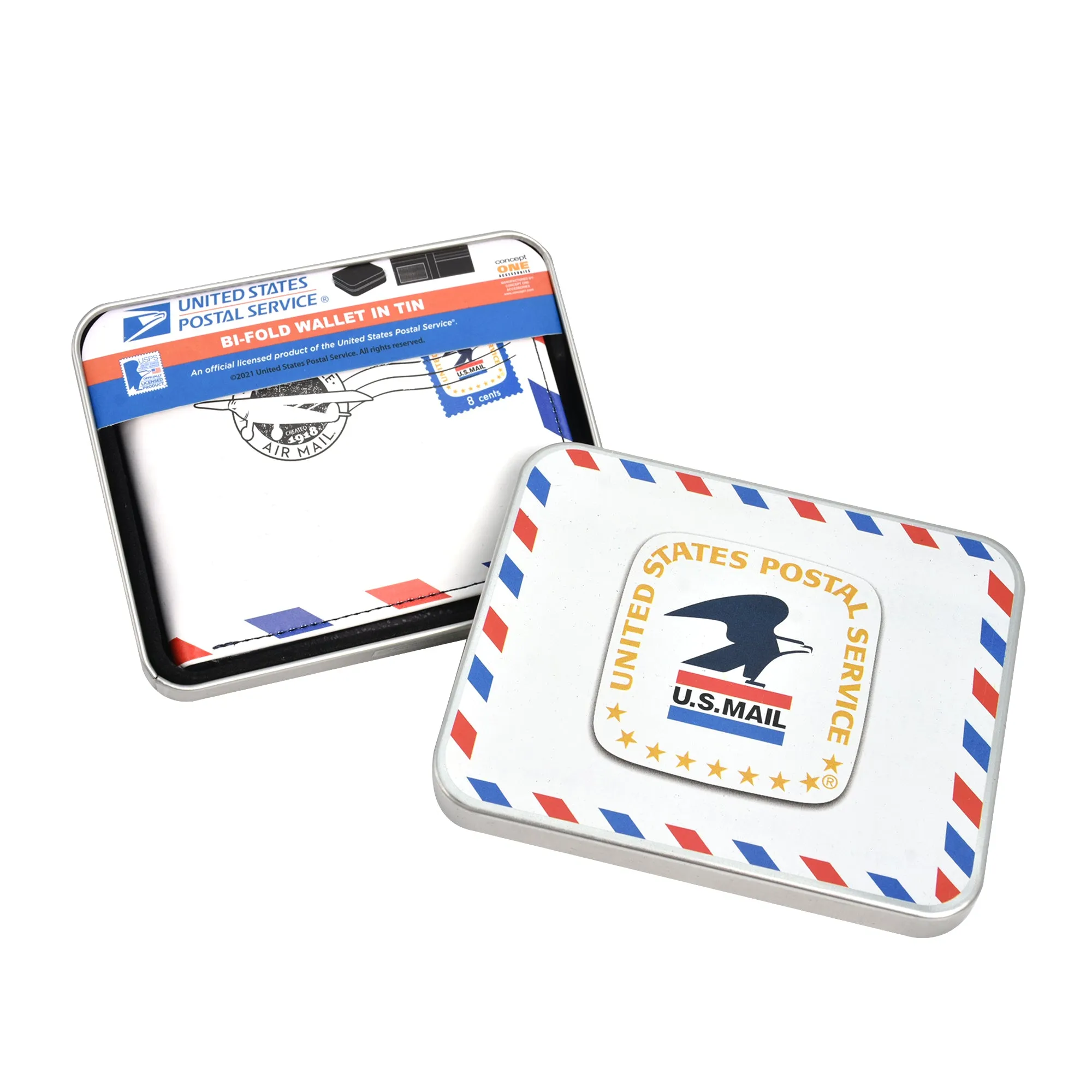 USPS U.S Mail Eagle Stamp Logo Bifold Wallet, Slim Wallet in Decorative Tin Case, Multi