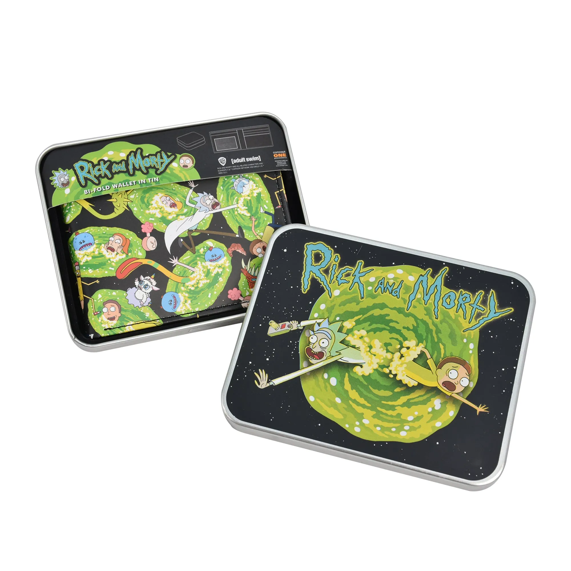 WB Adult Swim Rick And Morty AOP Bifold Wallet in a Decorative Tin Case, Multi